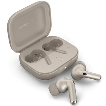 Слушалки Motorola Moto Buds +, безжични, Bluetooth, ENC микрофон, активно шумопотискане, 11mm + 6mm мембрани, до 8 часа време на работа, Dolby Atmos, бежови | JAR Computers Motorola Moto Buds + Beach Sand PG38C05742