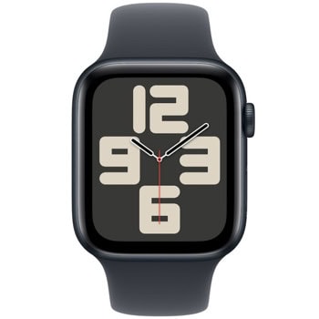 Смарт часовник Apple Watch SE2 v3 GPS, 40mm, 1.57" (3.99cm) Retina LTPO OLED дисплей, Wi-Fi, Bluetooth, GPS, 32GB Flash памет, сензори за пулс и сърдечен ритъм, SOS функция, мониторинг на съня, 5ATM, Midnight Aluminum с Midnight Sport S/M каишка | JAR Computers Apple Watch SE2 v3 GPS Midnight Aluminum MXE73QC/A