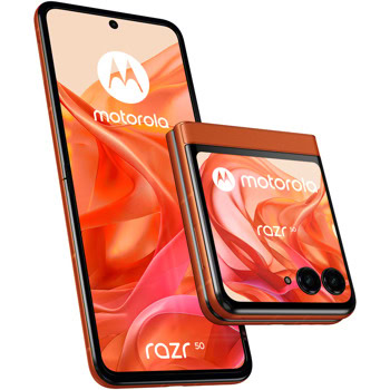 Смартфон Motorola Razr 50 (оранжев), поддържа 2 SIM карти, 6.9" (17.52cm) Foldable LTPO AMOLED 120Hz HDR10+ дисплей, осемядрен MediaTek Dimensity 7300X 2.5GHz, 8GB RAM, 256GB Flash памет, 50 + 13 & 32 Mpix камери, Android, 188.4g | JAR Computers Motorola Razr 50 Spritz Orange 8/256GB PB200014PL