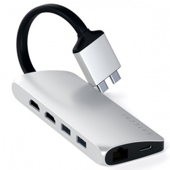 Докинг станция Satechi USB-C Dual Multimedia Adapter (ST-TCDMMAS), 1x Dual USB-C, 1x USB-C, 2x HDMI, Gigabit RJ-45, SD/Micro SD четец на карти, сребриста image