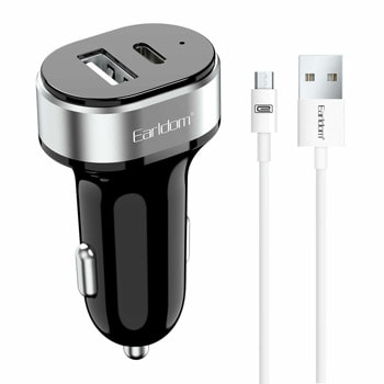 Зарядно устройство за кола Earldom ES-CC14 40241, от автомобилна запалка към 1x USB A(ж), 1x USB C(ж), 2.4A, черно, с включен кабел USB към USB-Micro, 1m, бял | JAR Computers Earldom ES-CC14 40241