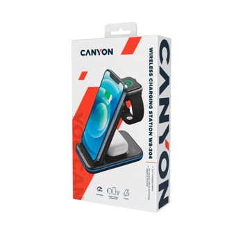 Безжично зарядно устройство Canyon 3-in-1 Wireless charging station WS-304, от контакт към безжично зарядно, 3A, 18W, черно | JAR Computers Canyon 3-in-1 Wireless charging WS-304 CNS-WCS304B