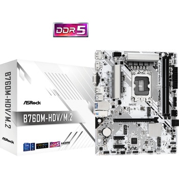 Дънна платка ASRock B760M-HDV/M.2, B760, LGA1700, DDR5, PCI-E 4.0 (HDMI&DP&VGA), 2x M.2, 4x SATA 6Gb/s, 1x USB 3.2 Gen 1 Type-C, 3x USB 3.2 Gen 1 Type-A, Micro ATX | JAR Computers ASRock B760M-HDV/M.2