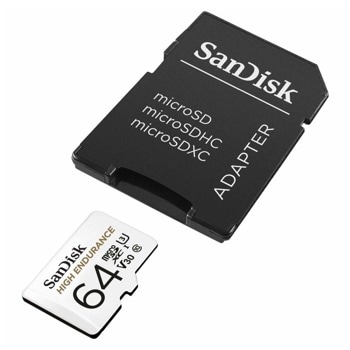 Карта памет 64GB microSDXC с адаптер, SanDisk High Endurance 64GB, Class 10, скорост на четене 100MB/s, скорост на запис 40MB/s image