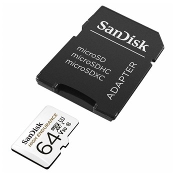 Карта памет 64GB microSDXC с адаптер, SanDisk High Endurance 64GB, Class 10, скорост на четене 100MB/s, скорост на запис 40MB/s | JAR Computers SanDisk microSDXC 64GB SDSQQNR-064G-GN6IA