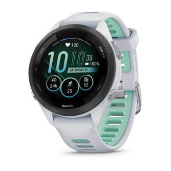 Смарт часовник Garmin Forerunner 265S Neo Tropic, за бегачи, 28.1мм (1.1"), Bluetooth, Wi-Fi, до 15 дни време за работа, 8GB Flash памет, GPS, женско здраве, функции за бягане, бял корпус сиво-зелена каишка | JAR Computers смарт часовник Garmin Forerunner 265S Neo Tropic