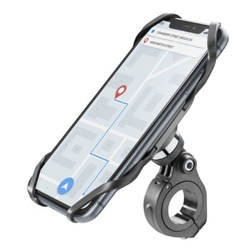 Стойка за телефон Cellularline Pro Bike Holder, за колело, универсална, подходяща за смартфони от 4" до 6.5", монтиране на рамката на колелото, въртене на 360°, черна | JAR Computers Cellularline Pro Bike Holder