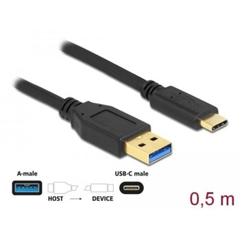 Кабел Delock 83869, от USB-A 3.2(м) към USB-C(м), 0.5m, черен | JAR Computers Кабел Delock 83869 USB-A 3.2 м - USB-C м 0.5 м