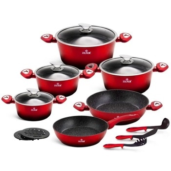 Комплект съдове Zilner ZL 8520, алуминий, мраморно покритие, 15 части, червен | JAR Computers Zilner ZL 8520