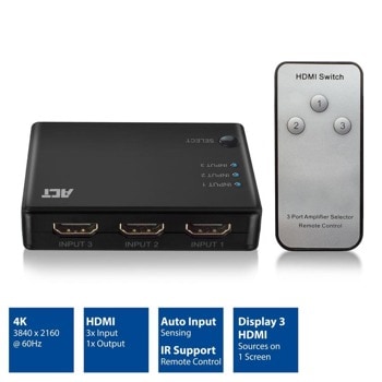 KVM суич ACT AC7845, 3 HDMI входа към 1 HDMI изход, дистанционно управление, 4K@60Hz, черен | JAR Computers 3 портов KVM суич ACT AC7845 4K@60Hz