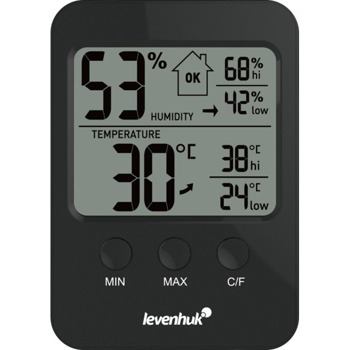 Цифров термо-хигрометър Levenhuk Wezzer Base L30, термометър, влагомер, измерва температура и влажност, индикация за качеството на температурата и влажността в помещението, черен image