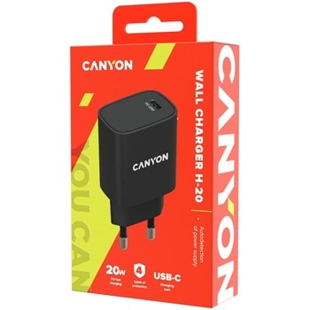 Зарядно устройство Canyon CNE-CHA20B02, от контакт към 1x USB C(ж), 5-12V/3A, черно, 20W | JAR Computers Canyon CNE-CHA20B02