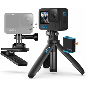 Екшън камера GoPro HERO10 Special Bundle, 2.27" (5.76 cm) заден сензорен дисплей/1.4" (3.55 cm) преден дисплей, камера за екстремен спорт, включва магнитна въртяща се щипка, резервна батерия и малък статив, Bluetooth, Wi-Fi, черна image