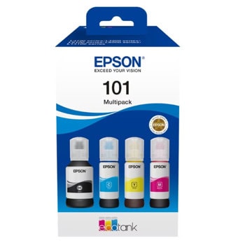 Мастило Epson 101 EcoTank, за Epson EcoTank L4260, L4266, L6190, L6260, L6270, L6276, L6290; EcoTank L14150, L4260, L6270, L6290, Multipack (Black, Cyan, Magenta, Yellow), до 4500 черни копия, до 7500 цветни копия, 127 ml, 3x 70 ml. | JAR Computers Epson 101 EcoTank 4-colour Multipack