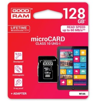 Карта памет 128GB microSDXC с адаптер, Goodram M1AA-1280R12, Class 10 UHS-I, скорост на четене 60 MB/s, скорост на запис 10 MB/s | JAR Computers Goodram 128GB microSDHC Class 10 UHS-I
