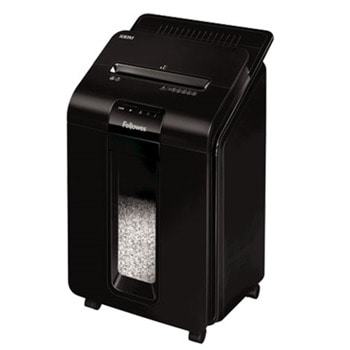 Шредер Fellowes 100M Micro Cut, до 10 листа А4 ръчно/до 100 листа А4 автоматично, раздробява карти/хартия/телчета/кламери, Аuto Max технология, кошче за отпадъци с обем 23 литра | JAR Computers Fellowes 100M Micro Cut 4629201