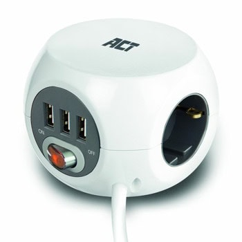 Разклонител ACT AC2410, 3 гнезда, тип "куб", 3x USB-A, бутон за вкл./изкл, 3m кабел, бял | JAR Computers ACT AC2410