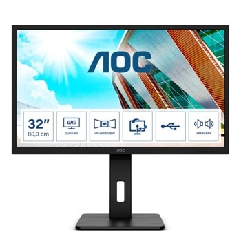 Монитор AOC Q32P2, 31.5" (80.01 cm) IPS панел, 75Hz, QHD, 4ms, 50000000:1, 250 cd/m2, DisplayPort, HDMI, USB 3.2 | JAR Computers AOC Q32P2