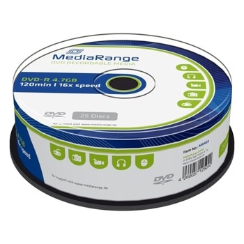 Оптичен носител DVD-R, 4.7GB, Media Range, 16x, 25бр | JAR Computers MediaRange DVD-R 4.7GB 16x