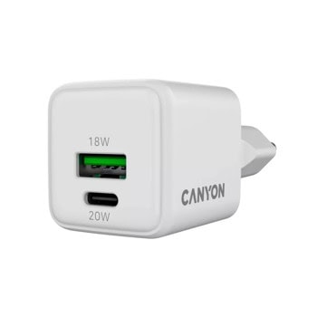 Зарядно устройство Canyon CU20AC, от контакт към 1x USB-C(ж), 1x USB-A(ж), 12V/3A, бяло, 20W | JAR Computers Canyon CU20AC CNS-CUW20AC