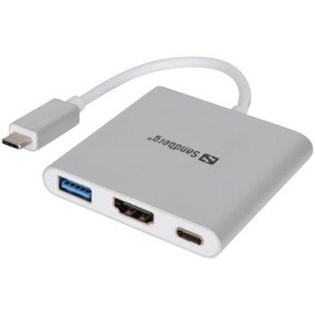 Преходник Sandberg 136-00, от USB Type C(м) към USB 3.1 A(ж), HDMI (Ж), USB C(ж), алуминиев корпус, бял | JAR Computers SANDBERG USB C(м) към USB A(ж), HDMI(Ж), USB C(ж)