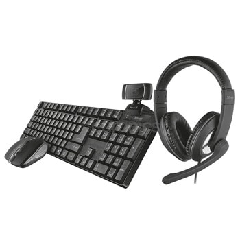 Комплект клавиатура, мишка, слушалки и камера Trust Qoby 4-in-1 Home Office Set (24040), безжични, USB, оптична мишка (1600 dpi), 720Mpix, USB, AUX, черни | JAR Computers Trust 24040