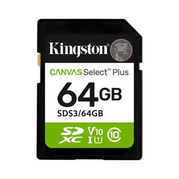Карта памет 64GB SD, Kingston Canvas Select Plus, UHS-I U1, V10, скорост на четене до 100MB/s | JAR Computers 64G SD KINGST CANVAS SEL+ G3