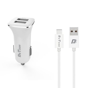 Зарядно устройство DeTech DE-C01C, от автомобилна запалкa към 2x USB A(ж), 5V/2.4A, бял, с USB Type-C кабел image