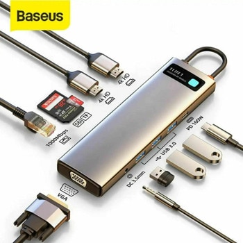 USB Хъб Baseus USB-C Metal Gleam Series 11-in-1 Hub (CAHUB-CT0G), 10 порта, 1x USB-C(ж), 3x USB-A(ж), 2x HDMI(ж), 1x VGA(ж), 1x SD/microSD четец на карти, 1x RJ45, 1x AUX, тъмносив image