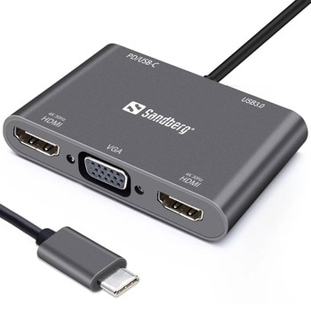 Докинг станция Sandberg USB-C Dock 2xHDMI+1xVGA+USB+PD (136-35), 1x USB Type C(м), 2x HDMI, 1x VGA, черна image