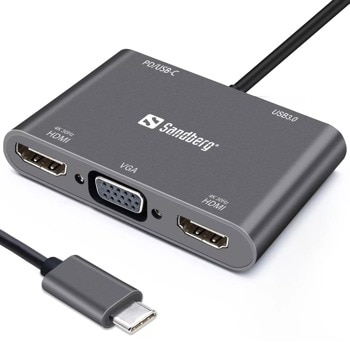 Докинг станция Sandberg USB-C Dock 2xHDMI+1xVGA+USB+PD (136-35), от USB C към 1x USB C(PD), 1x USB A, 2x HDMI, 1x VGA, черна | JAR Computers Sandberg USB-C Dock 2xHDMI+1xVGA+USB+PD 136-35