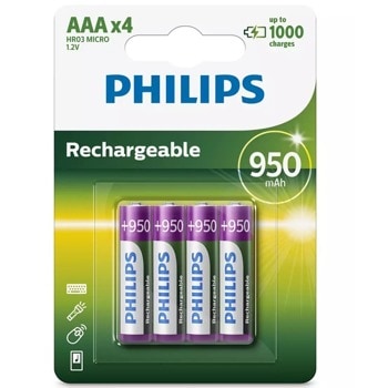 Акумулаторна батерия Philips Rechargeable R03B4A95/10, AAA, 1.2V, 950mAh, NiMH, 4бр. image