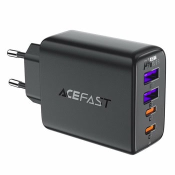 Зарядно устройство Acefast A61, от контакт към 2x USB-C(ж), 2x USB-A(ж), 20V/2.25A, черно, 45W | JAR Computers Acefast A61