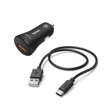 Зарядно устройство за кола HAMA 183231, от автомобилна запалка към USB Type A(ж), 6,5V/3A, 9V/2A, 12V/1,5A, черно, Quick Charge 3.0, в комплект с кабел USB Type A (м) към USB Type C image