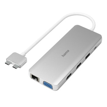 Докинг станция HAMA Connect2Mac (200133), от USB-C към 4x USB-A, 1x USB-C(PD), 2x HDMI, 1x VGA, 1x MicroSD четец, 1x SD четец, 1x RJ45, 1x 3.5mm жак, сребриста | JAR Computers Докинг станция HAMA Connect2Mac 200133