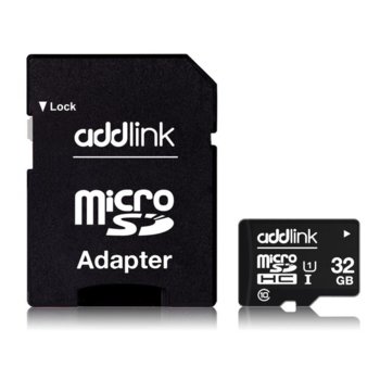 Карта памет 32GB microSDHC с адаптер, Addlink Premium, Class 10 UHS-I, скорост на четене 85 MB/s, скорост на запис от 10 MB/s image