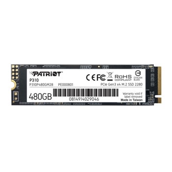 Памет SSD 480GB Patriot P310, PCIe NVMe, M.2 (2280), скорост на четене 1700MB/s, скорост на запис 1500MB/s | JAR Computers Patriot P310 480GB M.2 2280 PCIE