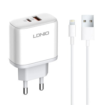 Зарядно устройство LDNIO A2526C, от контакт към 1x USB Type-C (ж), Type-А (ж), 5V/4.5A, бял, кабел от USB Type-A (м) към Lightning (м) | JAR Computers зарядно устройство ldnio a2526c 40285