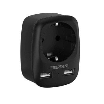 Разклонител Tessan TS-611-DE-BK, 1 гнездо, 2x USB, без кабел, черен | JAR Computers Tessan TS-611-DE-BK