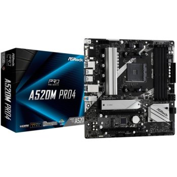 Дънна платка ASRock A520M-Pro4, A520, AM4, DDR4, PCI-E 3.0 (HDMI,DVI,VGA), 4x SATA 6Gb/s, 1 x Ultra M.2, 1x USB 3.2 Type C, mATX | JAR Computers Asrock A520M PRO4