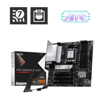 Дънна платка MSI Pro B850M-P WiFi, B850, AM5, DDR5, PCI-E 5.0 (DP&HDMI), 4x SATA 6Gb/s, 3x M.2 slots, 2x USB 3.2 Gen 2 Type-C, 1x USB 3.2 Gen 2 Type-A, 5GbE LAN, Wi-Fi 7, Bluetooth 5.4, Micro ATX | JAR Computers MSI Pro B850M-P WiFi
