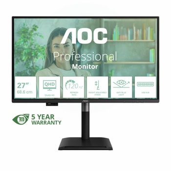 Монитор AOC Q27P4U, 27" (68.58 cm) IPS панел, 120Hz, QHD, 4ms, 50 000 000:1, 350cd/m2, Displayport, HDMI, USB, USB-C, LAN | JAR Computers AOC Q27P4U