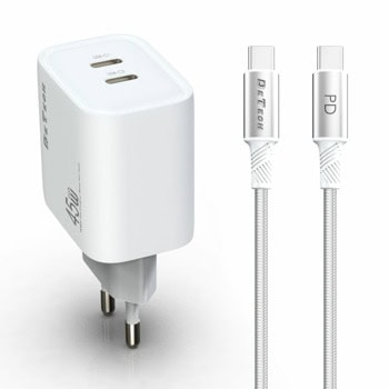 Зарядно устройство DeTech DE-PD, от контакт към 2x USB-C(ж), бяло, кабел от USB-C(м) към USB-C(м) | JAR Computers DeTech DE-PD 40341