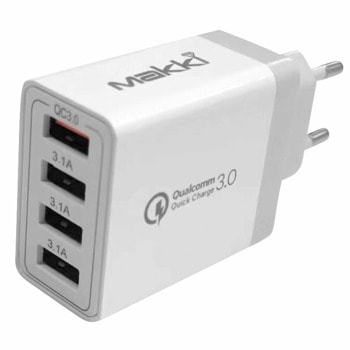 Зарядно Makki QC48W4, от контакт към 4x USB-A(ж), 5V/3A, бял, 30W, бяло | JAR Computers Makki QC48W4