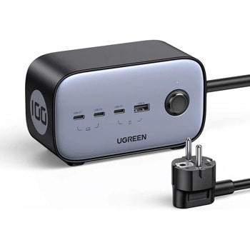 Разклонител Ugreen Strip DigiNest Pro 100W, 3 гнезда, 3x USB-C, 1x USB-A, макс. натоварване 1875W, On/Off ключ, черно-син | JAR Computers Ugreen Strip DigiNest Pro 100W CD270