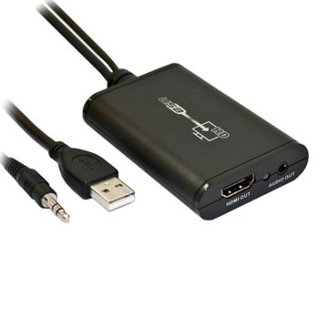 Конвертор, от USB A(м), 3.5мм аудио жак(м) към HDMI(ж), 3.5мм аудио жак(ж)до 2018 x 1152 резолюция | JAR Computers Конвертор USB към HDMI + Audio