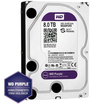 Твърд диск 8TB WD Purple, SATA 6Gb/s, 5400 rpm, 128MB, 3.5" (8.89cm) | JAR Computers 8TB WD Purple WD80PURZ