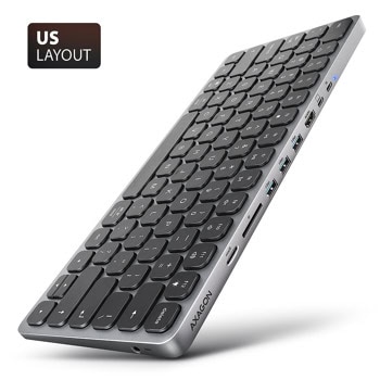Клавиатура Axagon HMC-KB-US, 12 мултимедийни бутона, 3x USB-A(ж), 2x USB-C(ж), 1x HDMI(ж), 1x Jack 3.5mm, 1x SD четец, 1x microSD четец, сива | JAR Computers Axagon HMC-KB-US