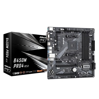 Дънна платка ASRock B450M Pro4 R2.0, B450, AM4, DDR4, PCI-E 3.0 (HDMI/DVI/VGA)(CFX), 4x SATA 6Gb/s, 2x M.2, 1x USB 3.2 Gen 2 Type-C, Micro ATX | JAR Computers ASRock B450M Pro4 R2.0