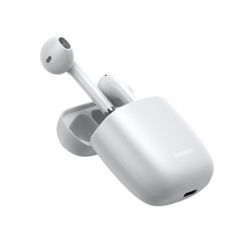 Слушалки Baseus W04 White (NGW04-02), безжични, Bluetooth 5.0, до 5 часа време на работа, 300mAh капацитет на батерията, бели | JAR Computers Baseus W04 White NGW04-02